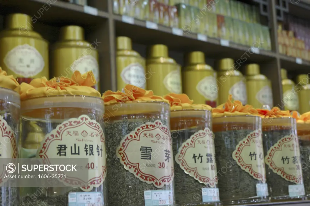 China, Beijing, Dazhalan street, tea shop, close-up of jars, indoors