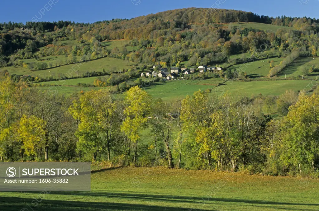 France, Auvergne, Puy-de-Dôme, near Orcival, green bocage, village