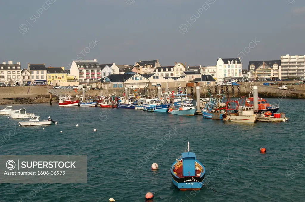 France, Brittany, Morbihan, Quiberon, Port-Maria fishing harbour, buildings and docks in background