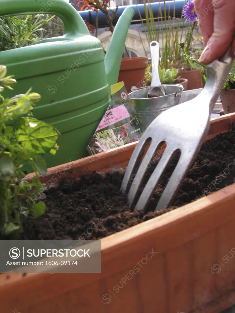 IN*Gros plan sur main d'une femme travaillant la terre d'une jardinière avec "fourchette", sur balcon, fleurs et plantes