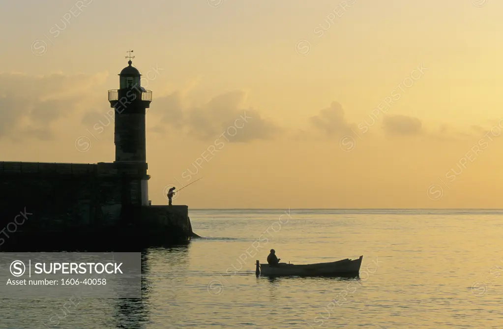 France, Corsica, Bastia, harbour, Dragon lighthouse, sunset