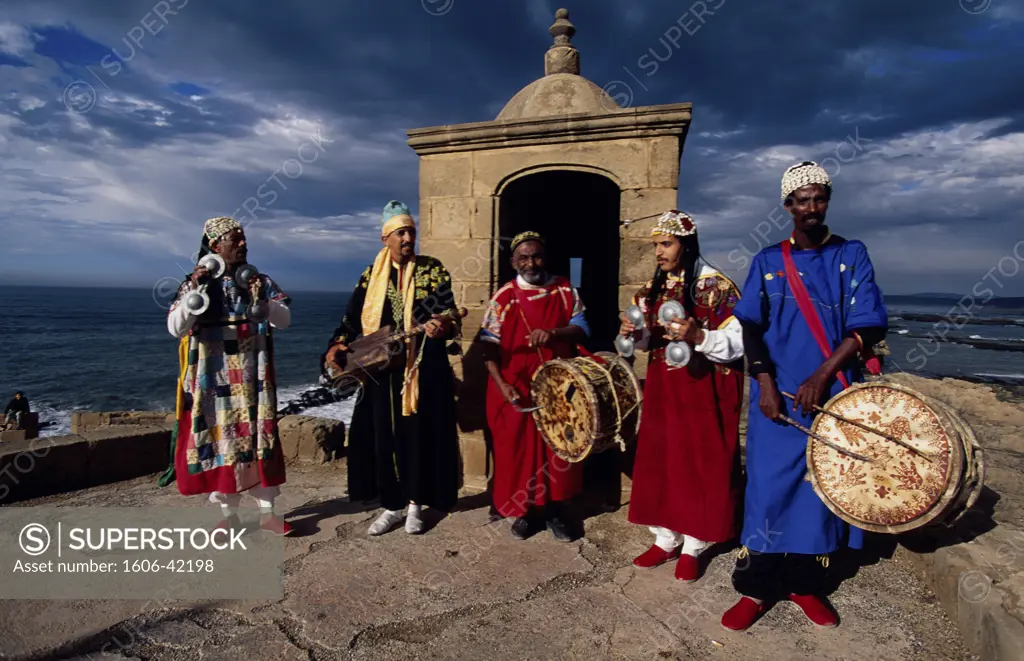 Morocco, Essouira, gnaouas musicians on the top of the ramparts