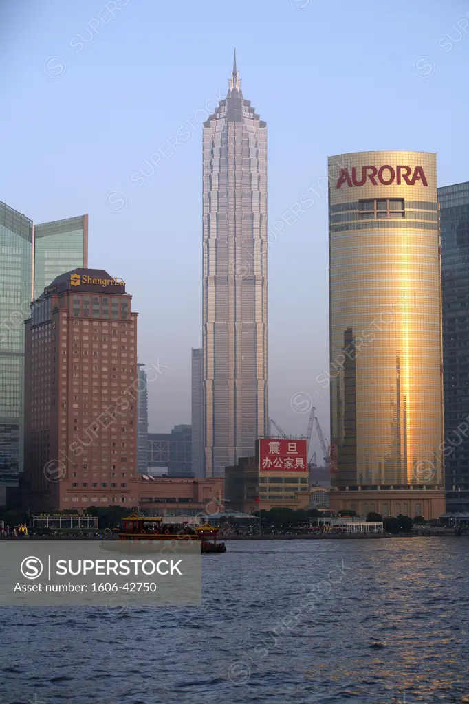 China, Shanghai city, the Pudong district from the Bund with in the middle the Jin Mao tower (421m), 4th highest tower of the world