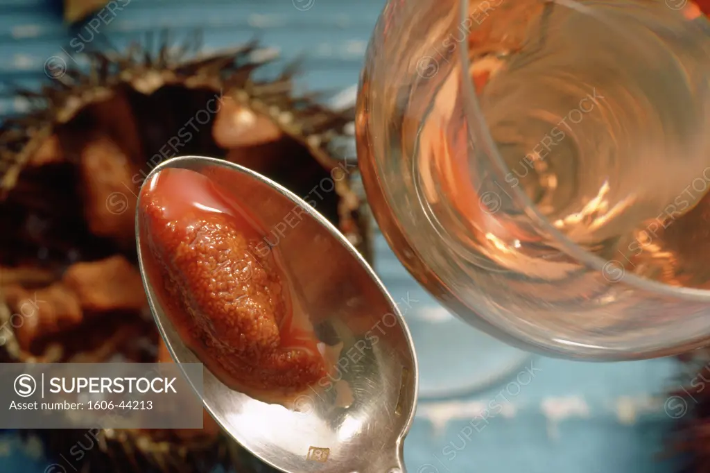 Close-up of sea urchin sauce and rosé wine glass
