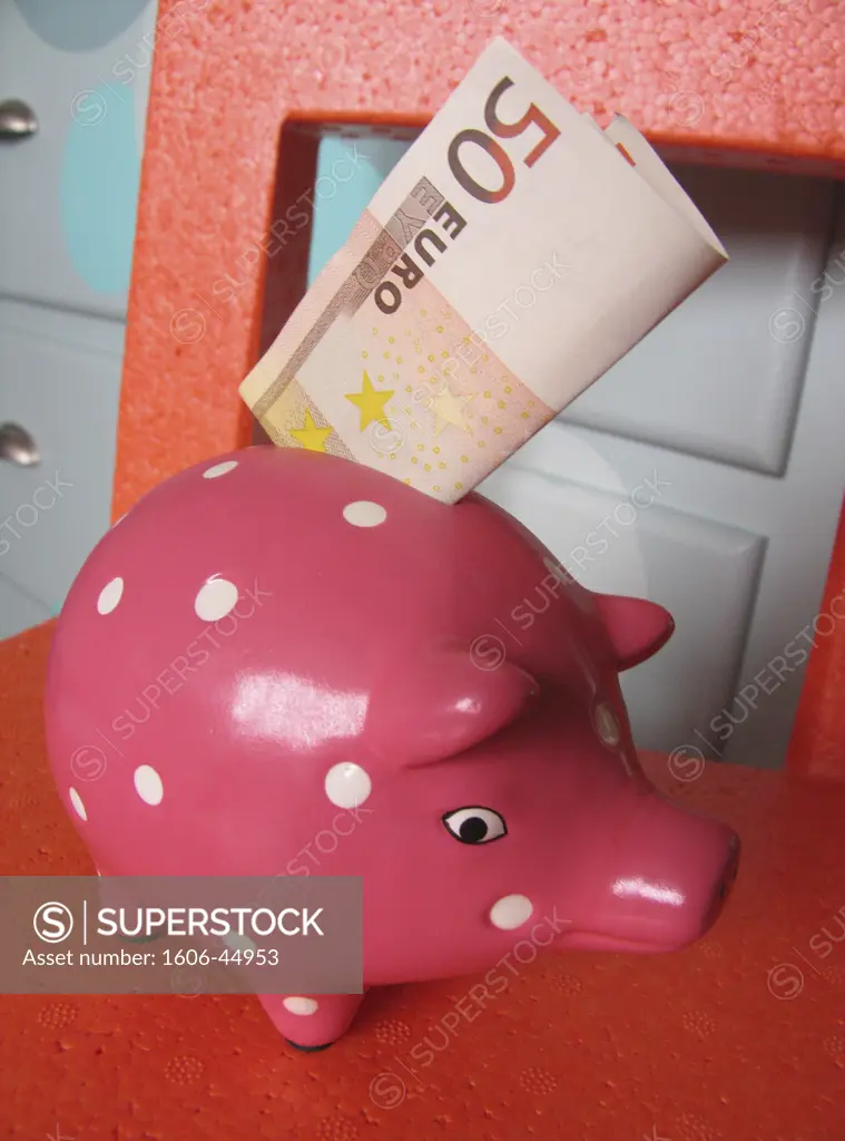 Close-up of piggy bank with 50 euros banknote