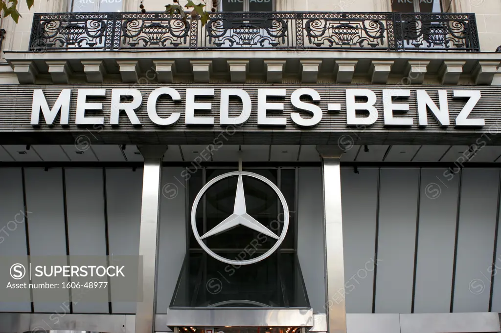 France, Paris, Champs Elysees avenue, Mercedes logo, close-up
