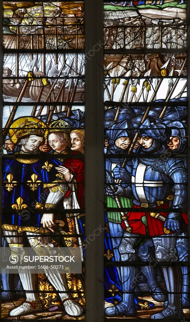 France, Centre-Val de Loire, Indre et Loire, Champigny sur Veude, collegiate chapel, stained glass, detail
