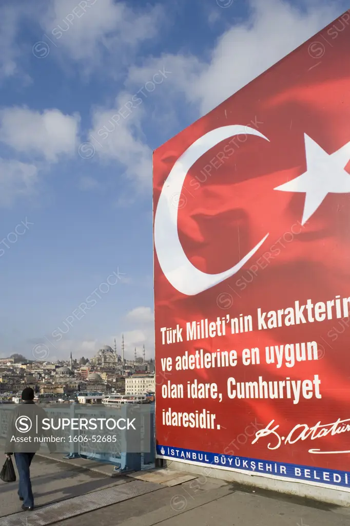 Turkey, Istanbul, poster on the Galata bridge, Suleymaniye mosque