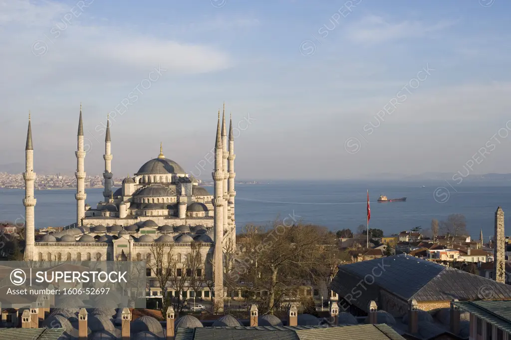 Turkey, Istanbul, Sultan Ahmed Mosque (Blue Mosque), boat on the Bosphorus river
