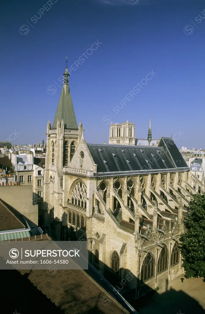 France, Paris, St Séverin church, Notre Dame cathedral in background