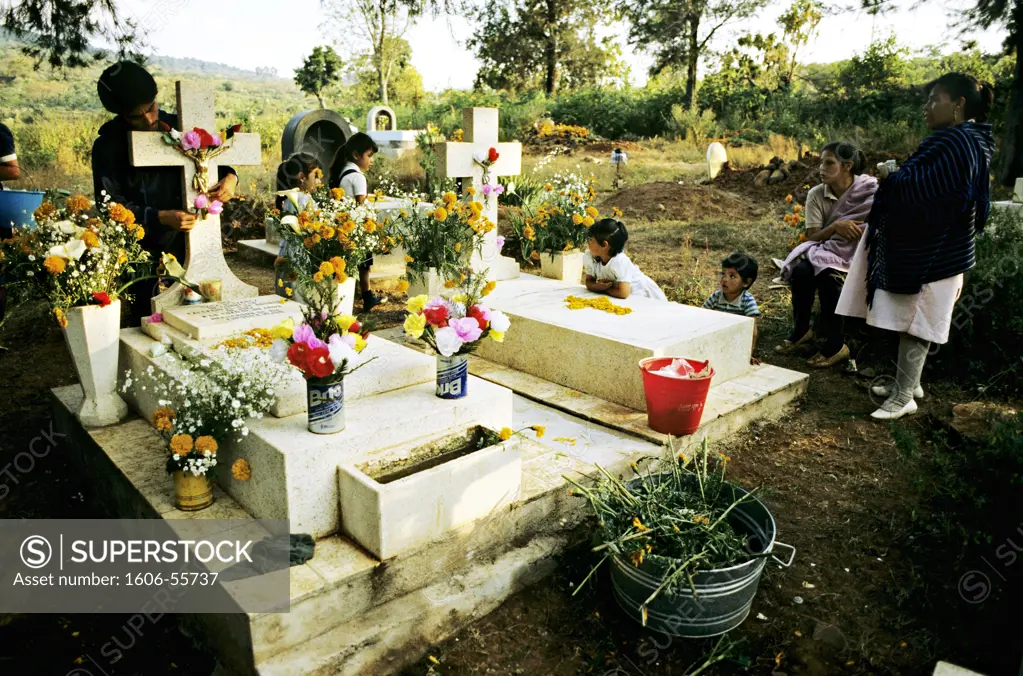 Mexico, Tzintzuntzan, Death Feast, flowers on graves