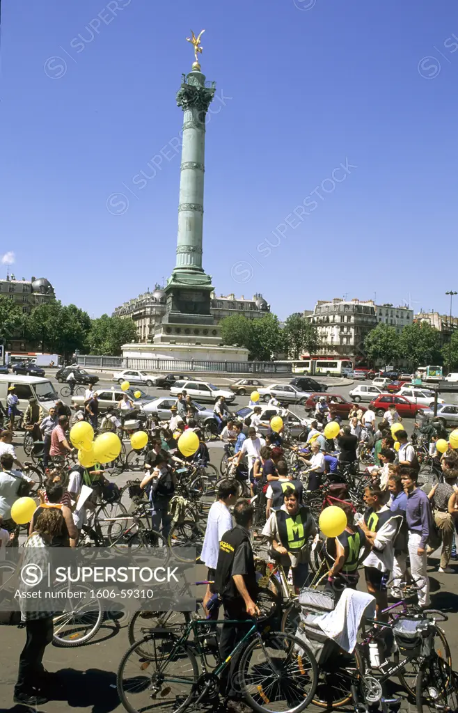 France, Paris, bike european day, crowd biking on Place de la Bastille