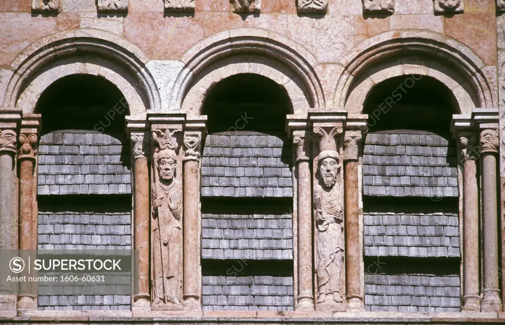 France, Burgundy, Saone et Loire, Tournus, St Philibert church, detail facade