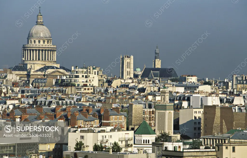 France, Paris, Mosque in foreground, Clovis tower, Pantheon and St Etienne du Mont in background
