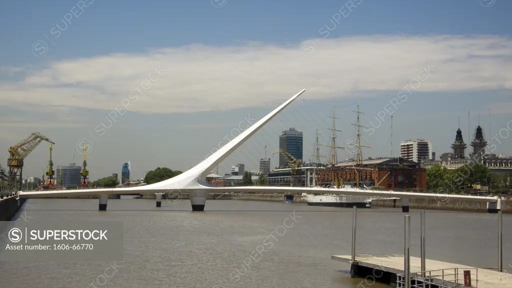 Argentina. Buenos Aires. New quarter. Puerto MaderoView on the bridge " Puente of the mujer ". Architect Calatrava