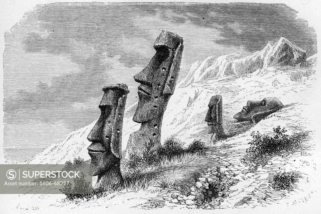 Easter island, Ronororaka, intside volcano, south eastern side, drawing of  A. de Bar from sketches of Alphonse Pinar
