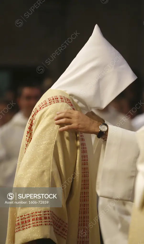 France, Rhône, Lyon, Priest ordination mass in Saint-Jean cathedral  A priest is given his chasuble
