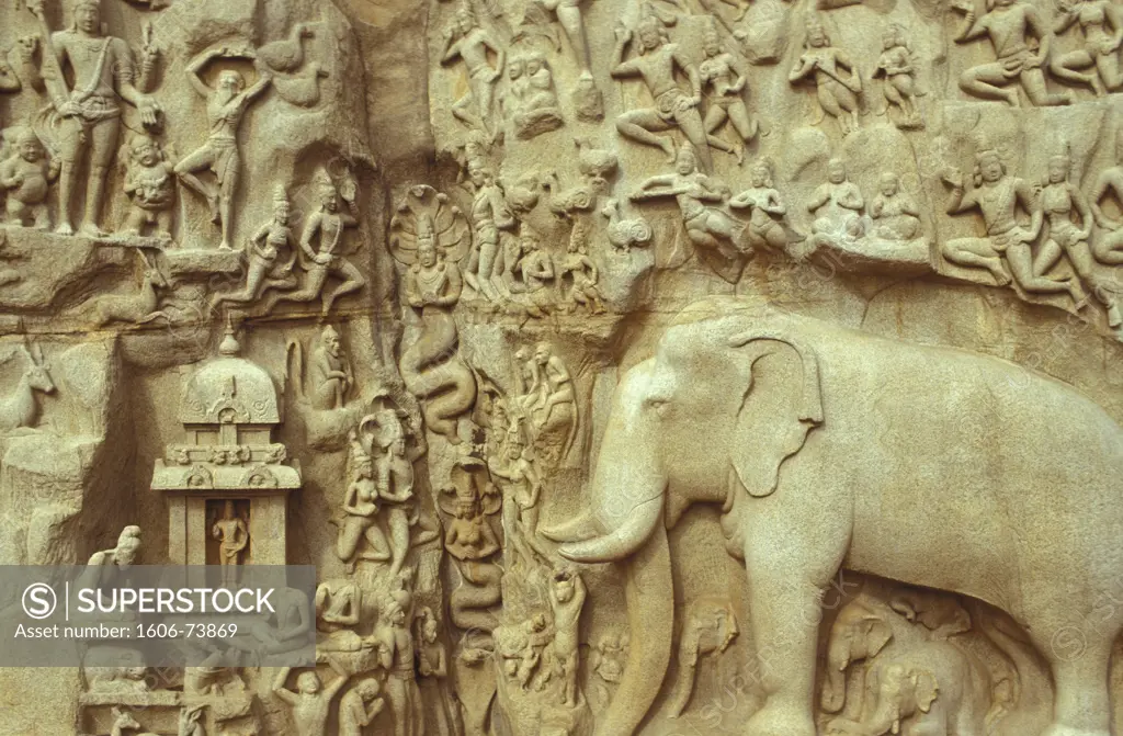 Inde, Tamilnadu, Mamallapuram, Relief Sculpture of Arjuna's Penance, also referred to as Descent of the Ganges, at Mamallapuram