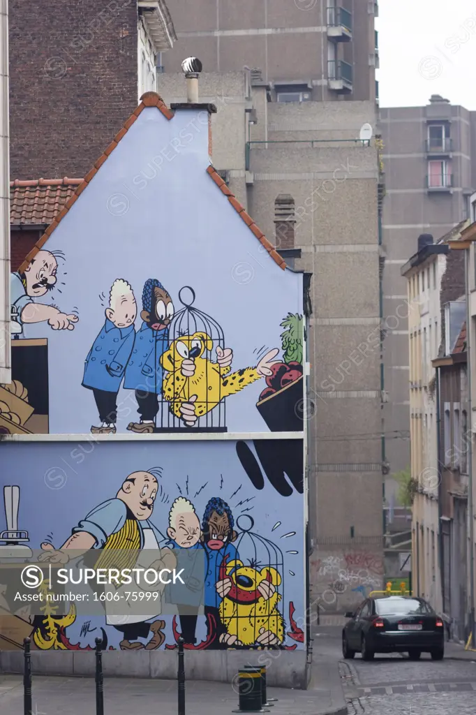 Belgium, Bruxelles, Capucins street, fresco Blondin et Cirage by Jijé