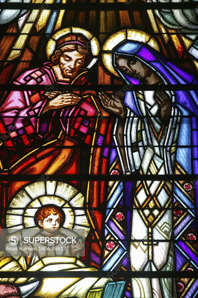 France, Allier, Vichy, Stained glass window. Saint Blaise Church. The nativity