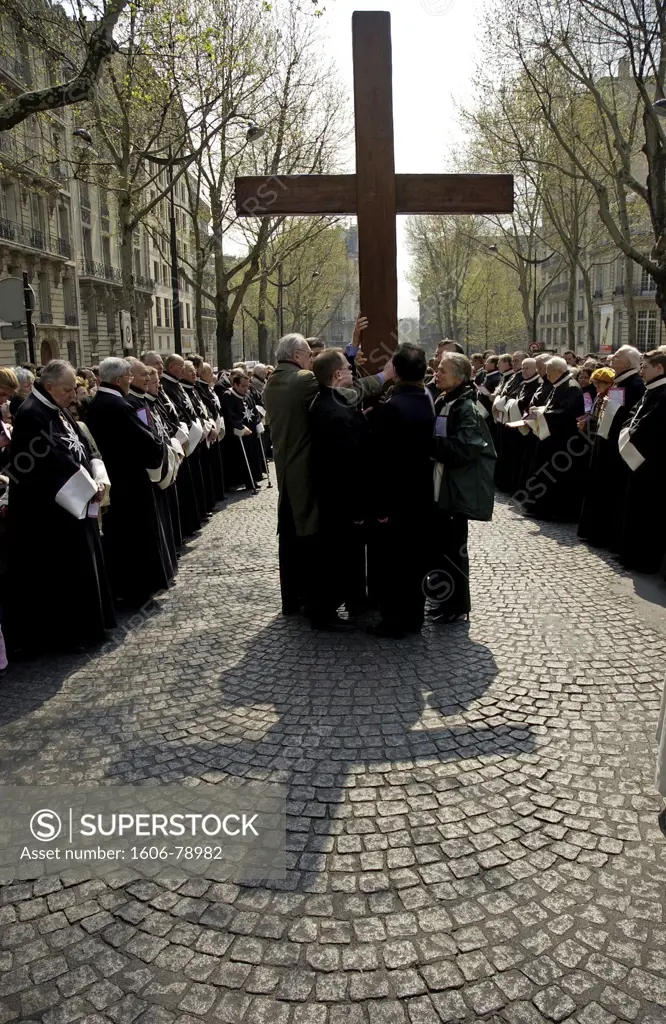 France, Paris, Good Friday catholic procession on the Champs Elysées in Paris