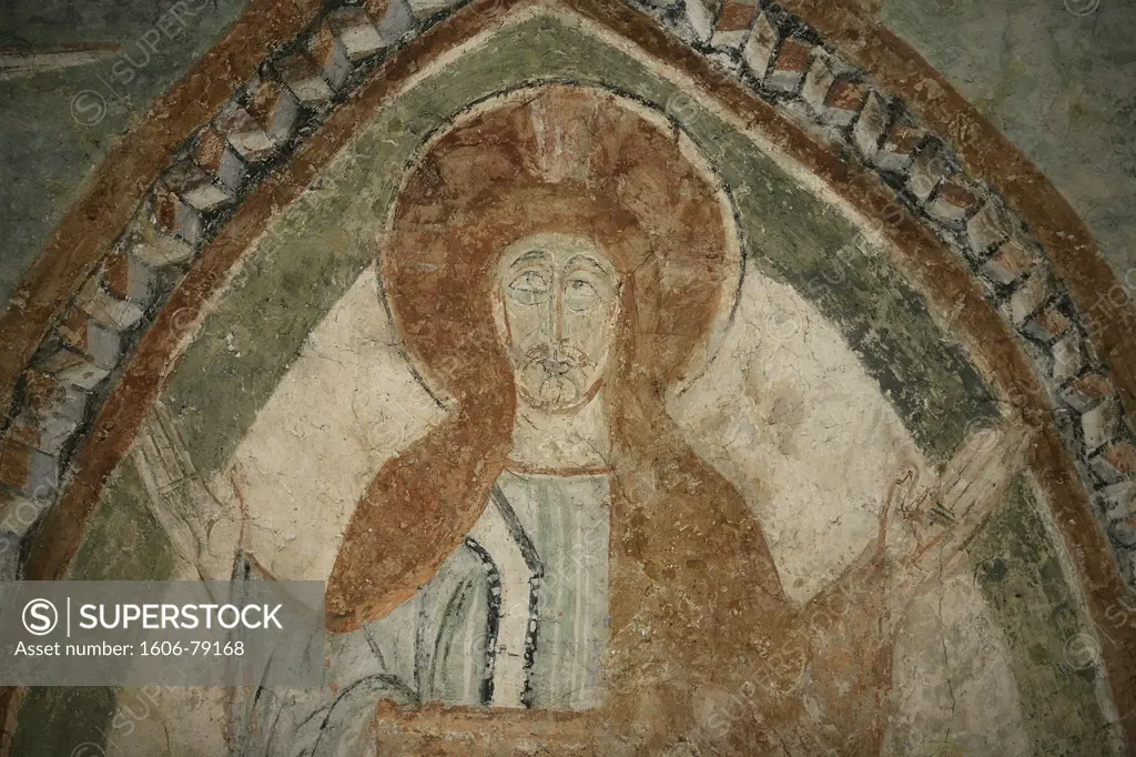 France, Isère, Saint-Chef-en-Dauphiné, 12th century Romanesque fresco depicting Jesus Christ in Saint Chef abbey church