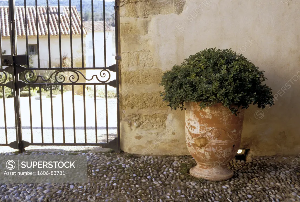 Gate in wrought iron in a courtyard of Provence (arrangement of medium-sized pebbles fixed to the ground)