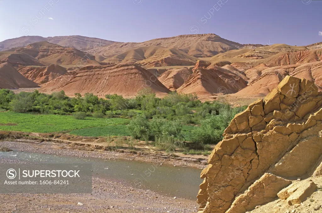 Morocco, rose valley, berber symbol on rock in foreground