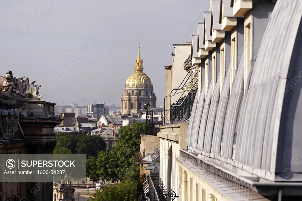 France, Paris, Boissy d'Anglas street with the dome of Invalides on the background