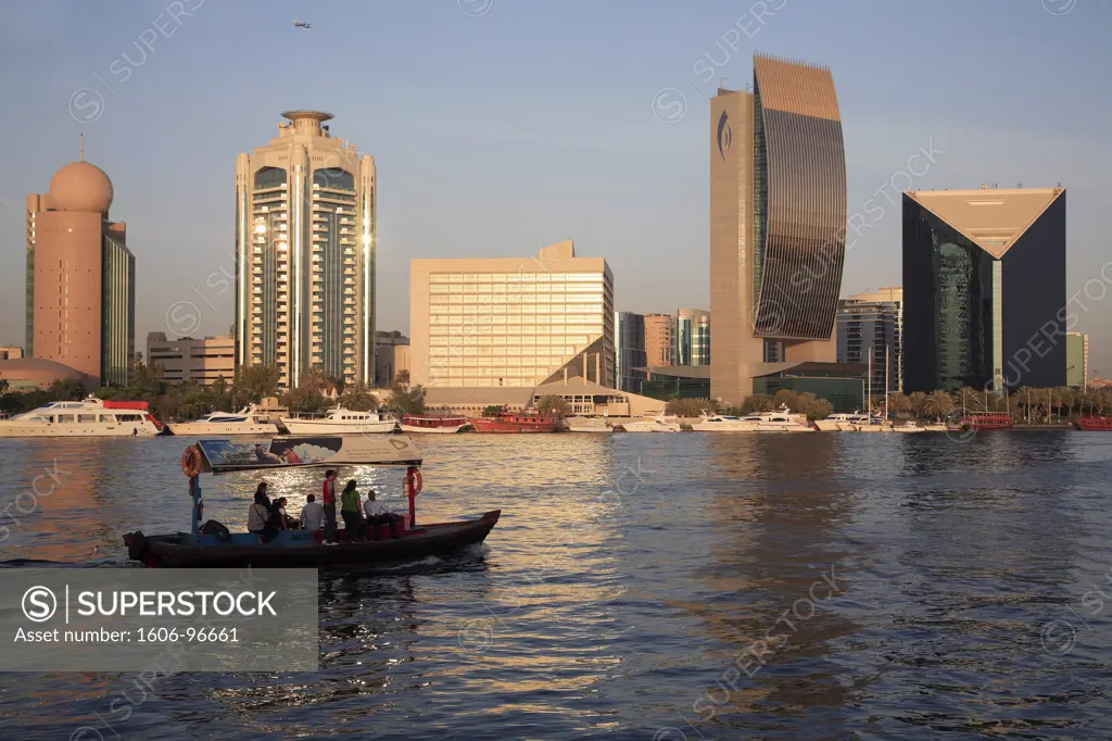 United Arab Emirates, Dubai, Deira skyline, boat on the Creek