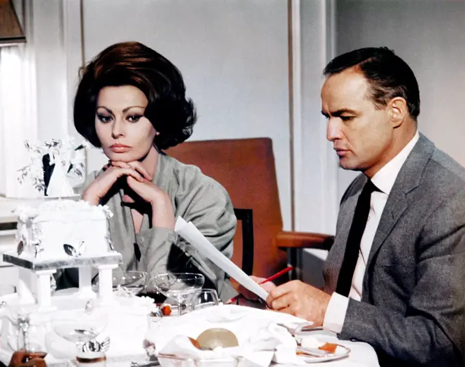 Sophia Loren and Marlon Brando , A Countess from Hong Kong , 1967 directed by Charles Chaplin (Universal Pictures)