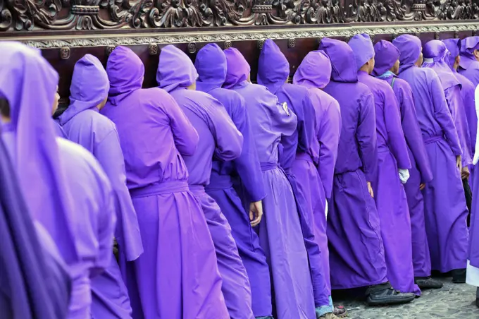 Penitents during Holy week procession , Antigua,   Guatemala, Central America.