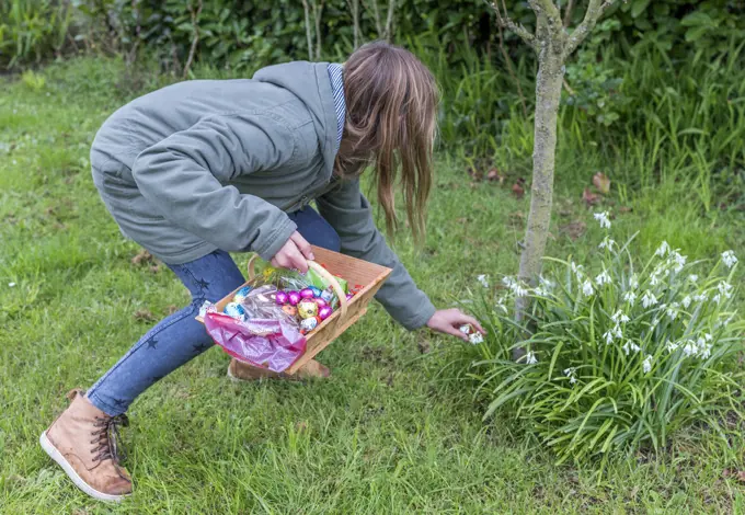 France, Easter, chocolate egg hunt in a garden.