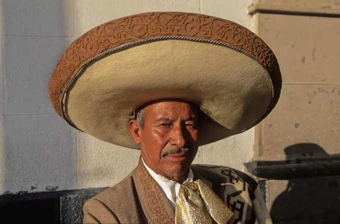 Mexico, Mexico city, Garibaldi Plaza, 2 "mariachis" in traditional dresses, sombrero