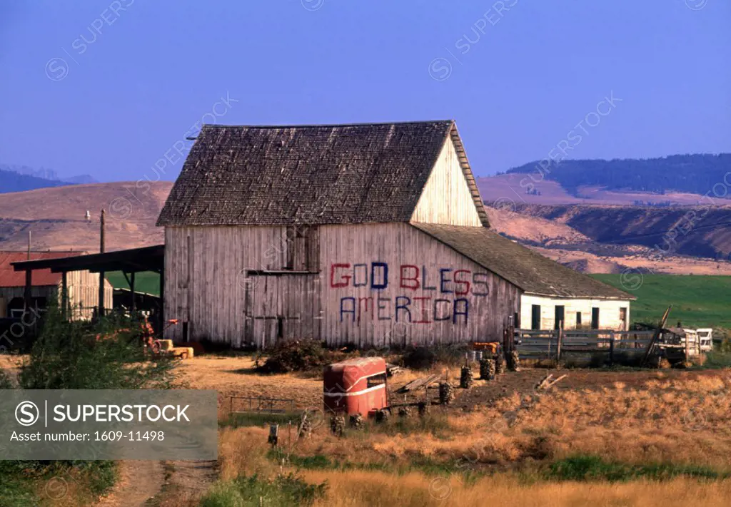 God Bless America written on barn, Washington State, USA