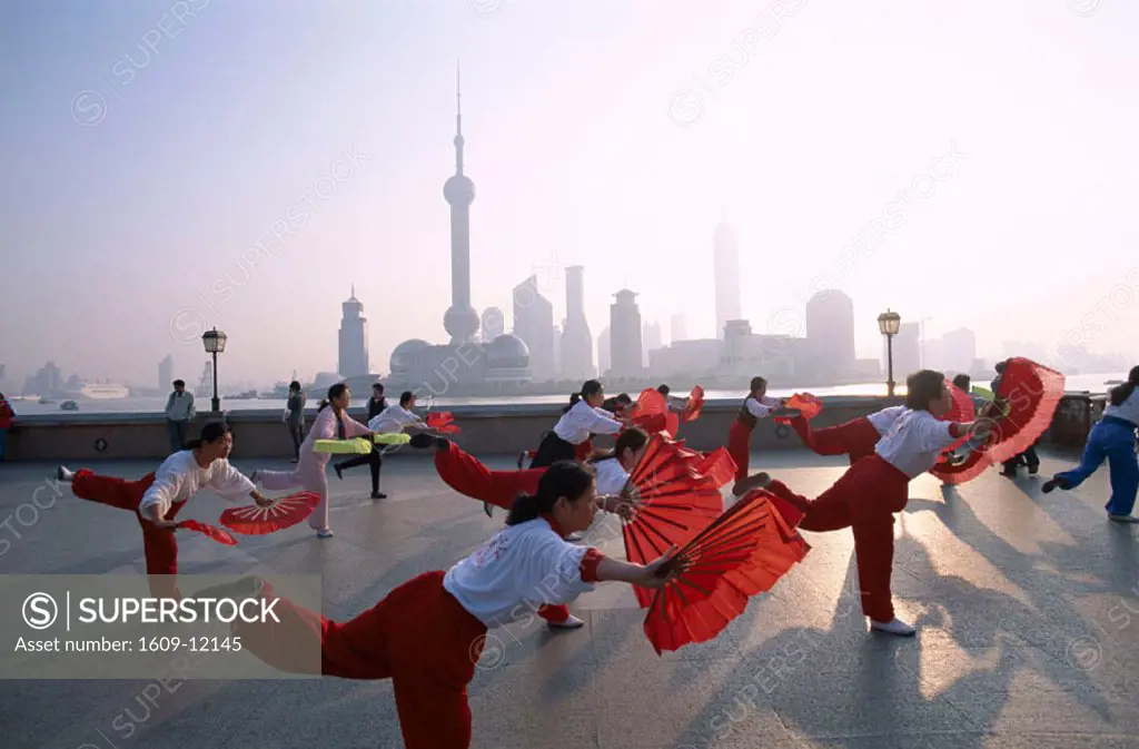 The Bund / People Exercising / Pudong Skyline in Background, Shanghai, China