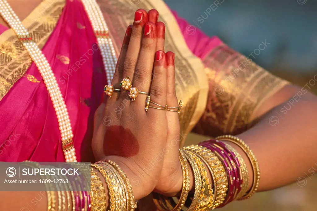 Traditional Costume / Hand Detail of Traditional Indian Greeting Pose   , Mumbai (Bombay), Maharastra, India