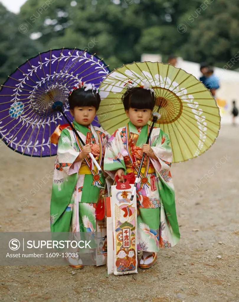 Festival for Seven, Five, Three Year Old Children (Shichi-go-san) / Girls Dressed in Kimon, Tokyo, Honshu, Japan