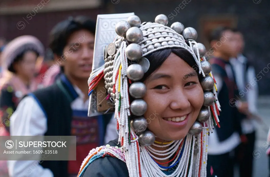 Hill Tribe People / Akha Tribe / Girl Wearing Ornate Headdress, Chiang Mai, Golden Triangle, Thailand