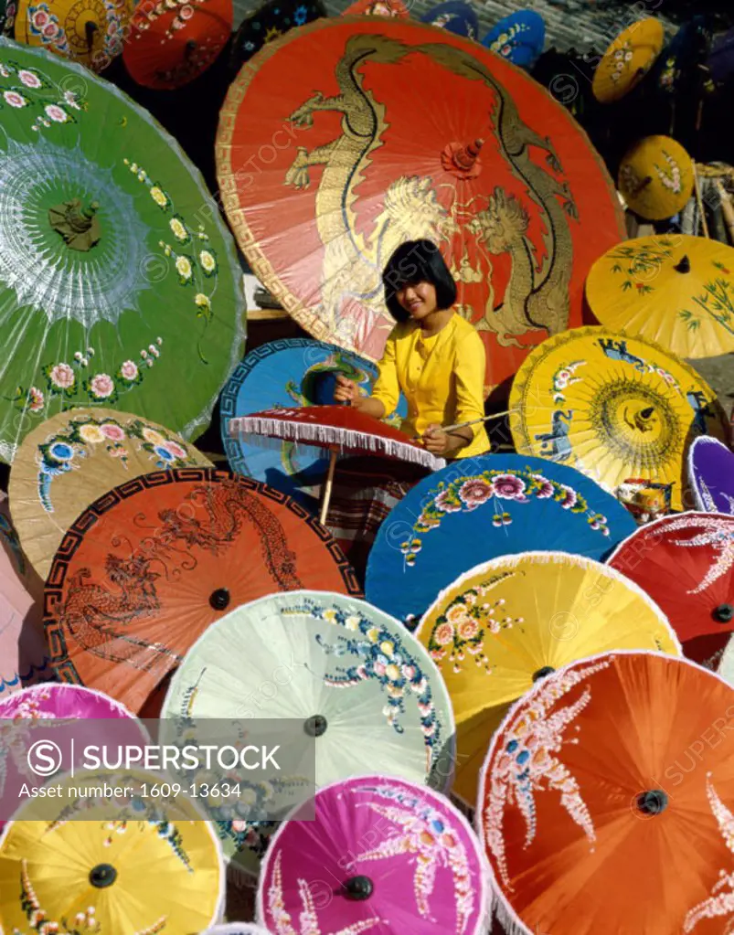Bo Sang / Umbrella Making / Woman Painting Decorative Designs, Chiang Mai, Golden Triangle, Thailand