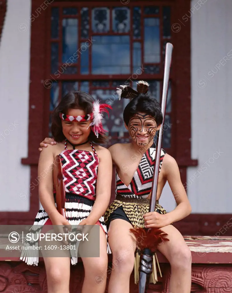 Maori Children / Young Girl and Boy Dressed in Maori Dress / Traditional Costume, Rotorua, North Island, New Zealand