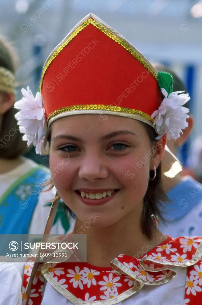 Girl Dressed in Traditional Russian Folk Costume / Portrait, Moscow, Russia
