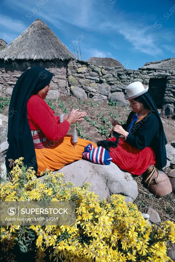 Lake Titicaca / Indian Women Wool Spinning, Taquile Island, Peru