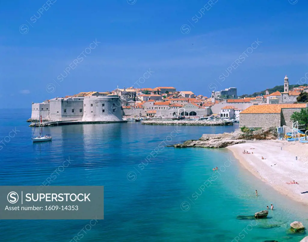 The Old City Skyline & Beach, Dubrovnik, Dalmatian Coast, Croatia