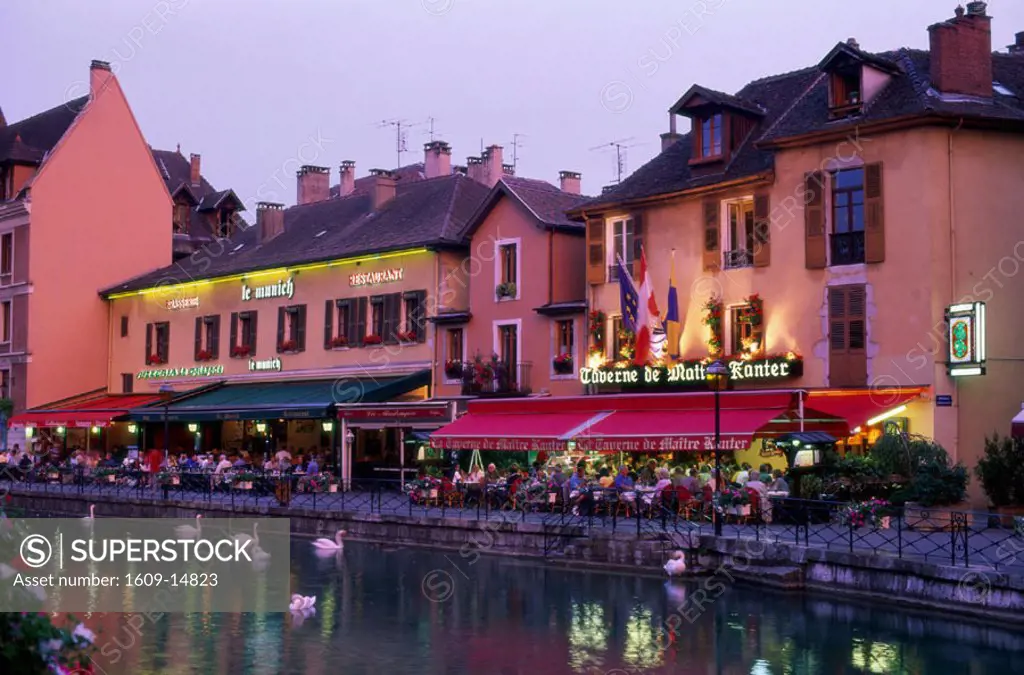 Outdoor Cafes & Thiou Canal / Night View, Annecy, Rhone Alps, France