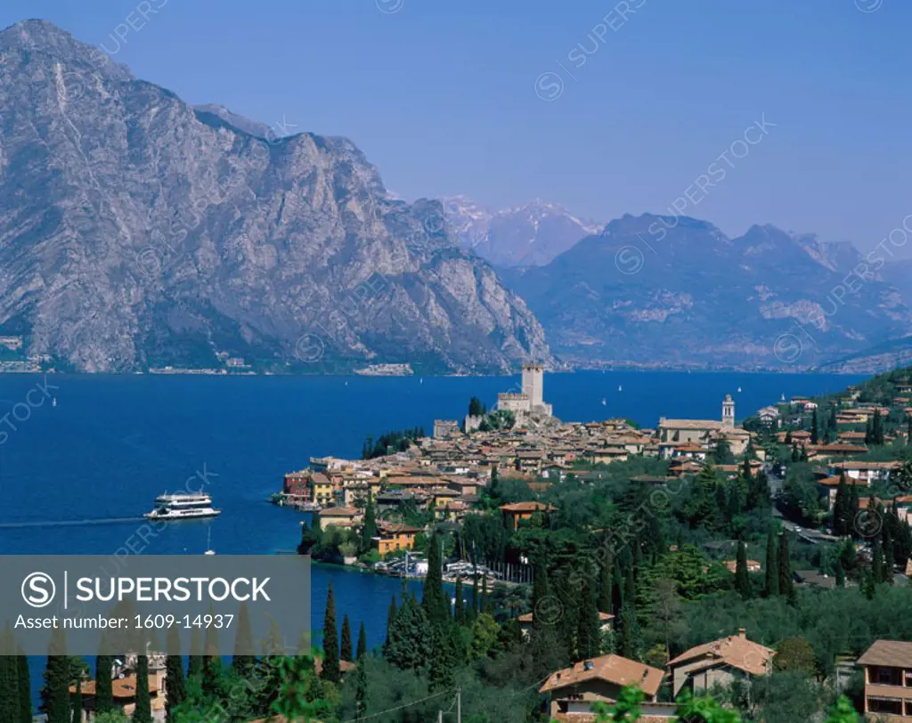 Village View & Lake Garda & Monte Baldo Mountains, Malcesine, Veneto, Italy