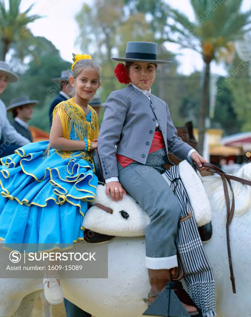 Fiesta / Horse Fair / Girls Dressed in Andalucian Costume, Jerez de la Frontera, Andalusia, Spain
