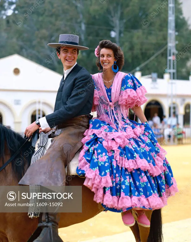 Fiesta / Horse Fair / Couple Dressed in Andalucian Costume, Jerez de la Frontera, Andalusia, Spain
