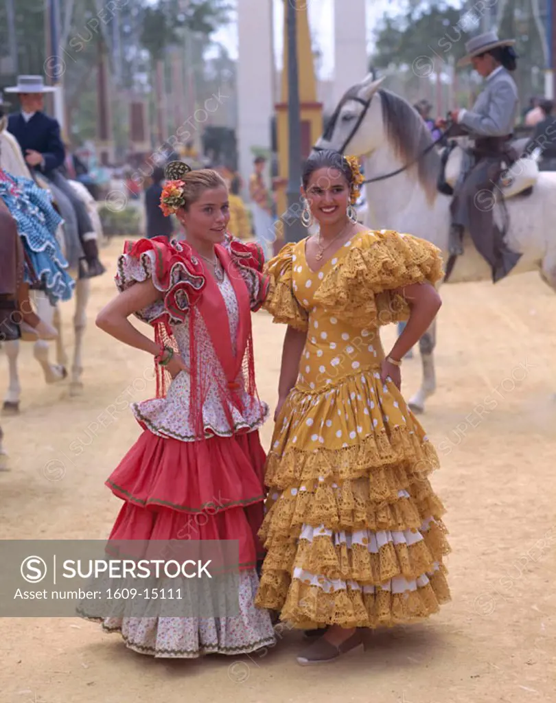 Fiesta / Horse Fair / Women Dressed in Andalucian Costume, Jerez de la Frontera, Andalusia, Spain