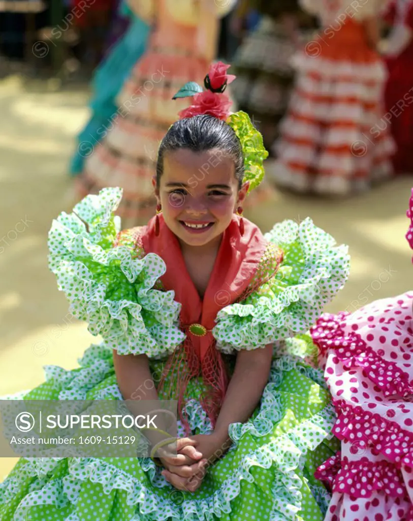 Fiesta / Horse Fair / Girl Dressed in Andalucian Costume, Jerez de la Frontera, Andalusia, Spain